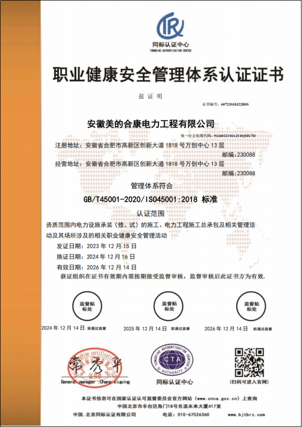 职业健全安全治理系统认证